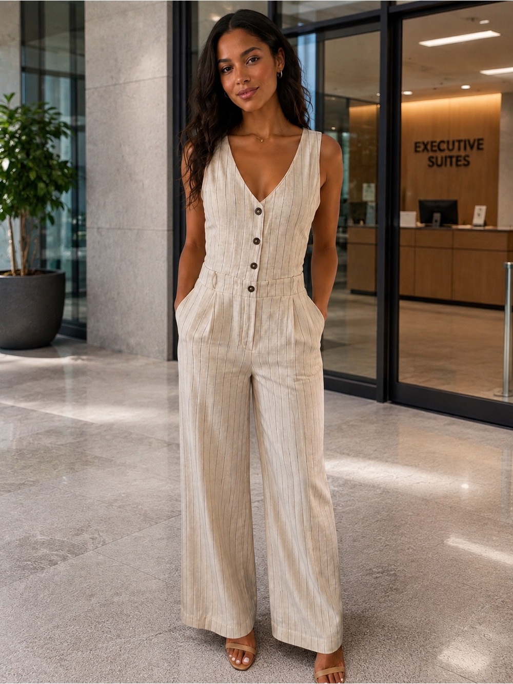 Monteau Los Angeles XS Linen Blend Pinstripe Wide Leg Jumpsuit